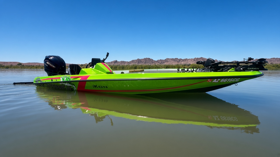 Billy Skinner's green and pink iKon bass boat on calm water